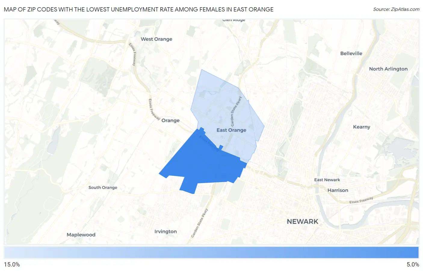 Zip Codes with the Lowest Unemployment Rate Among Females in East Orange Map