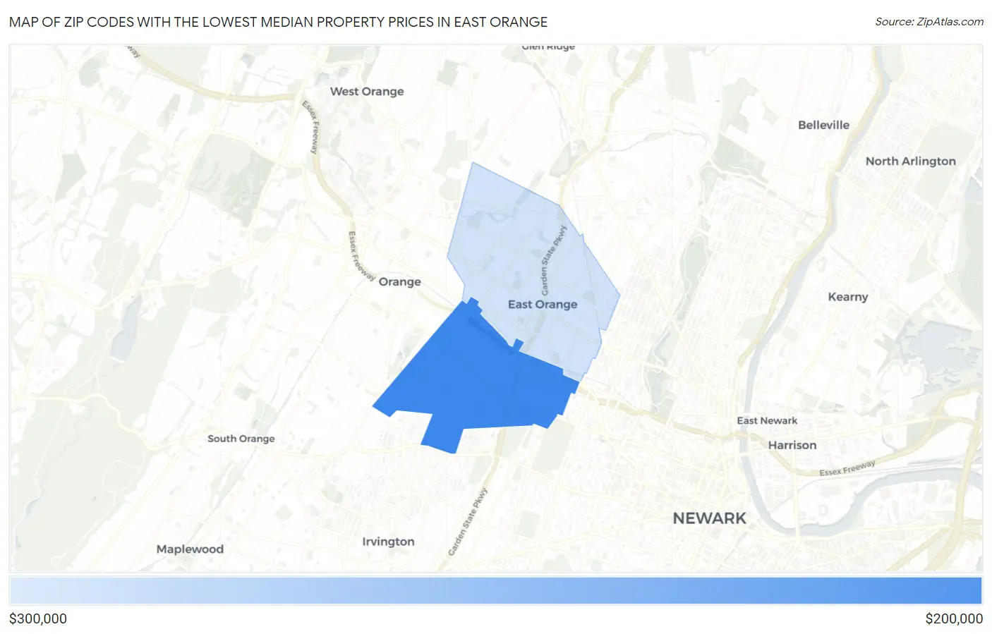 Zip Codes with the Lowest Median Property Prices in East Orange Map