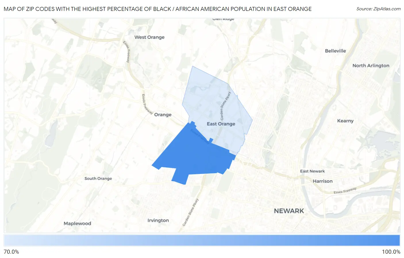 Zip Codes with the Highest Percentage of Black / African American Population in East Orange Map