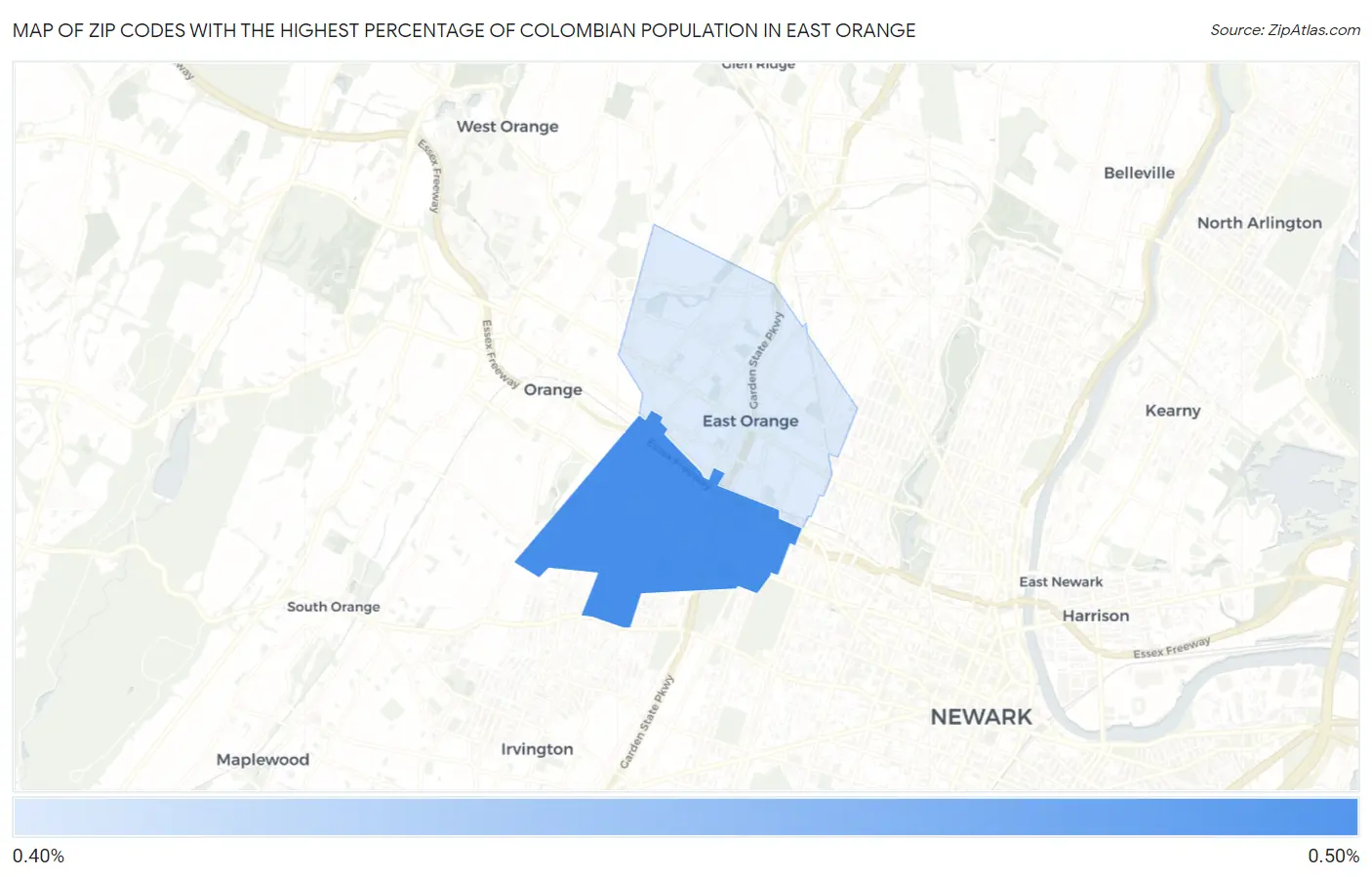 Zip Codes with the Highest Percentage of Colombian Population in East Orange Map