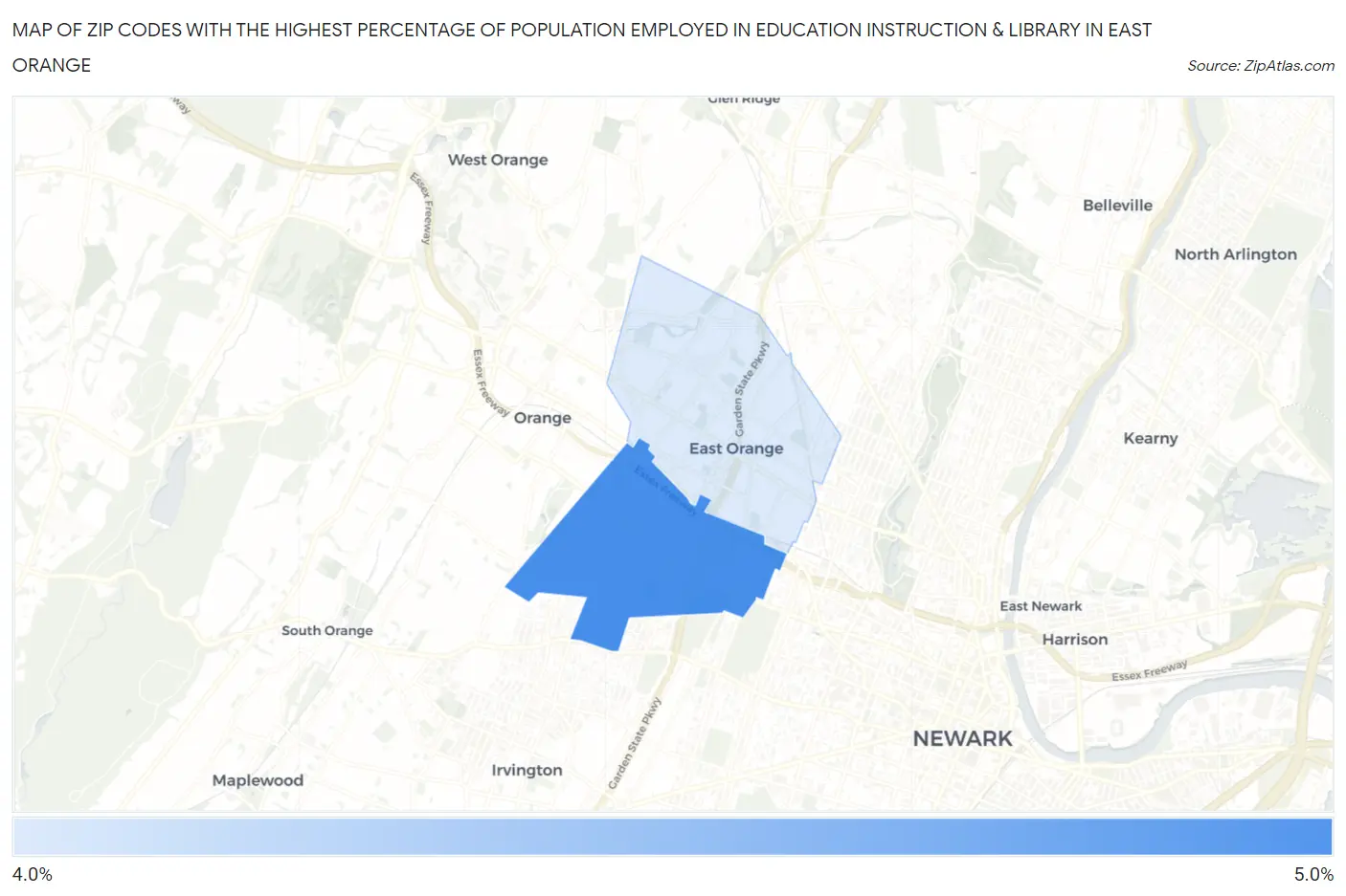 Zip Codes with the Highest Percentage of Population Employed in Education Instruction & Library in East Orange Map