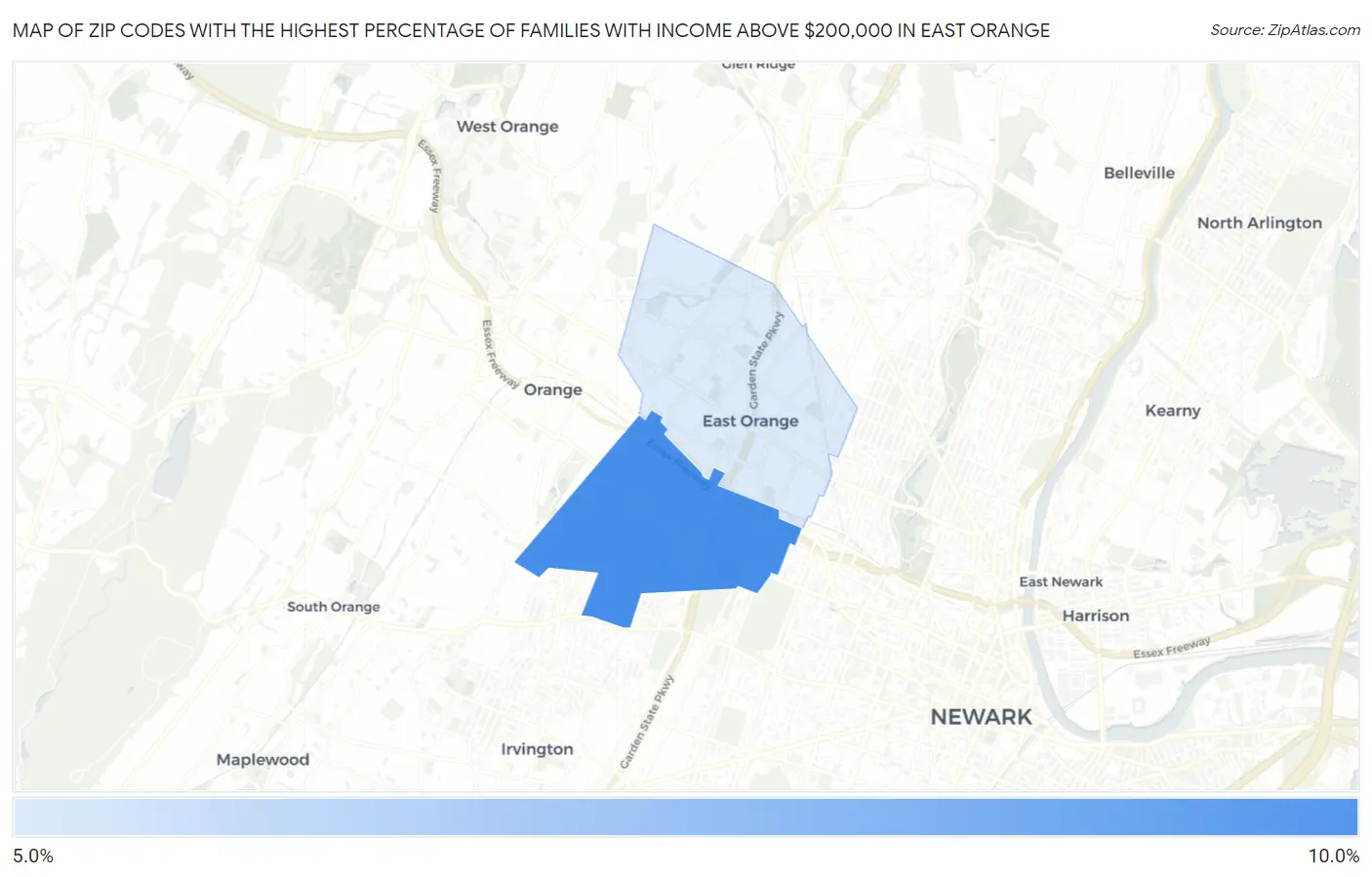 Zip Codes with the Highest Percentage of Families with Income Above $200,000 in East Orange Map