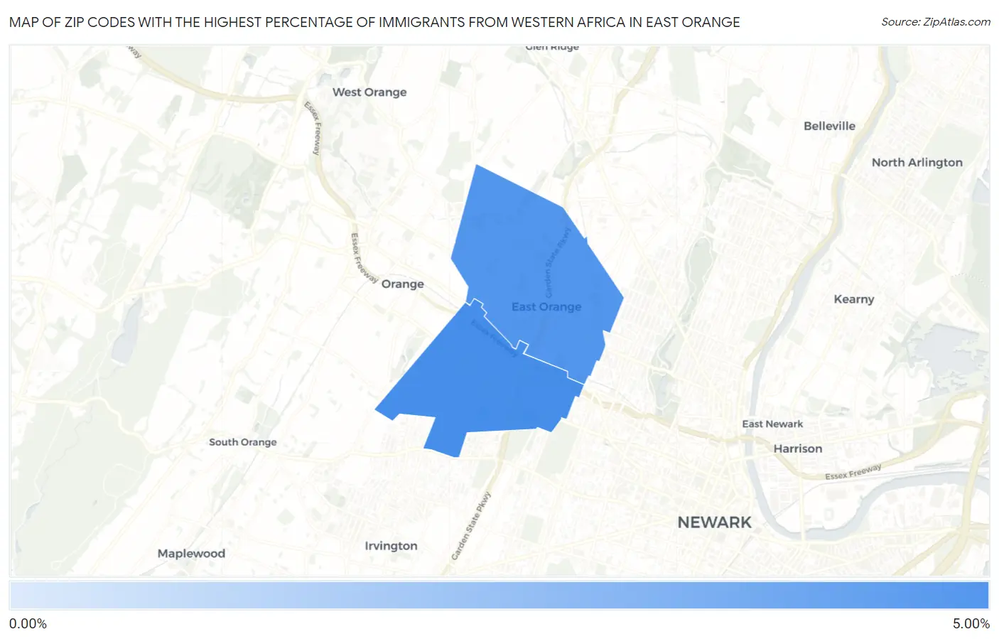Zip Codes with the Highest Percentage of Immigrants from Western Africa in East Orange Map