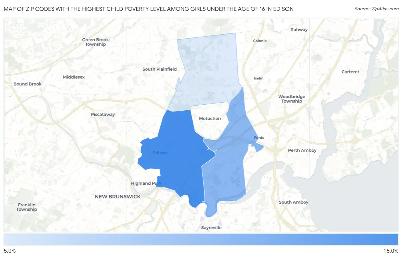 Zip Codes with the Highest Child Poverty Level Among Girls Under the Age of 16 in Edison Map