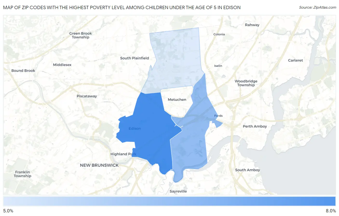 Zip Codes with the Highest Poverty Level Among Children Under the Age of 5 in Edison Map