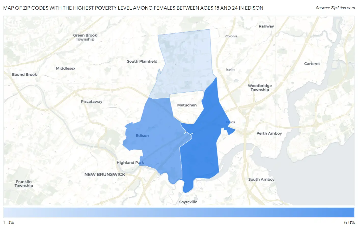 Zip Codes with the Highest Poverty Level Among Females Between Ages 18 and 24 in Edison Map