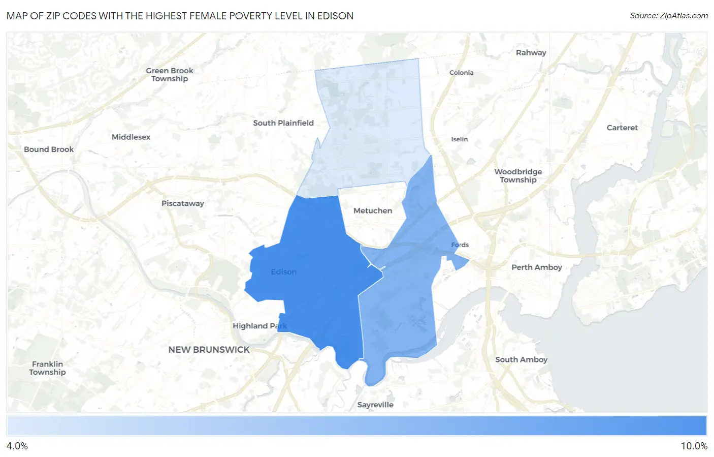 Zip Codes with the Highest Female Poverty Level in Edison Map