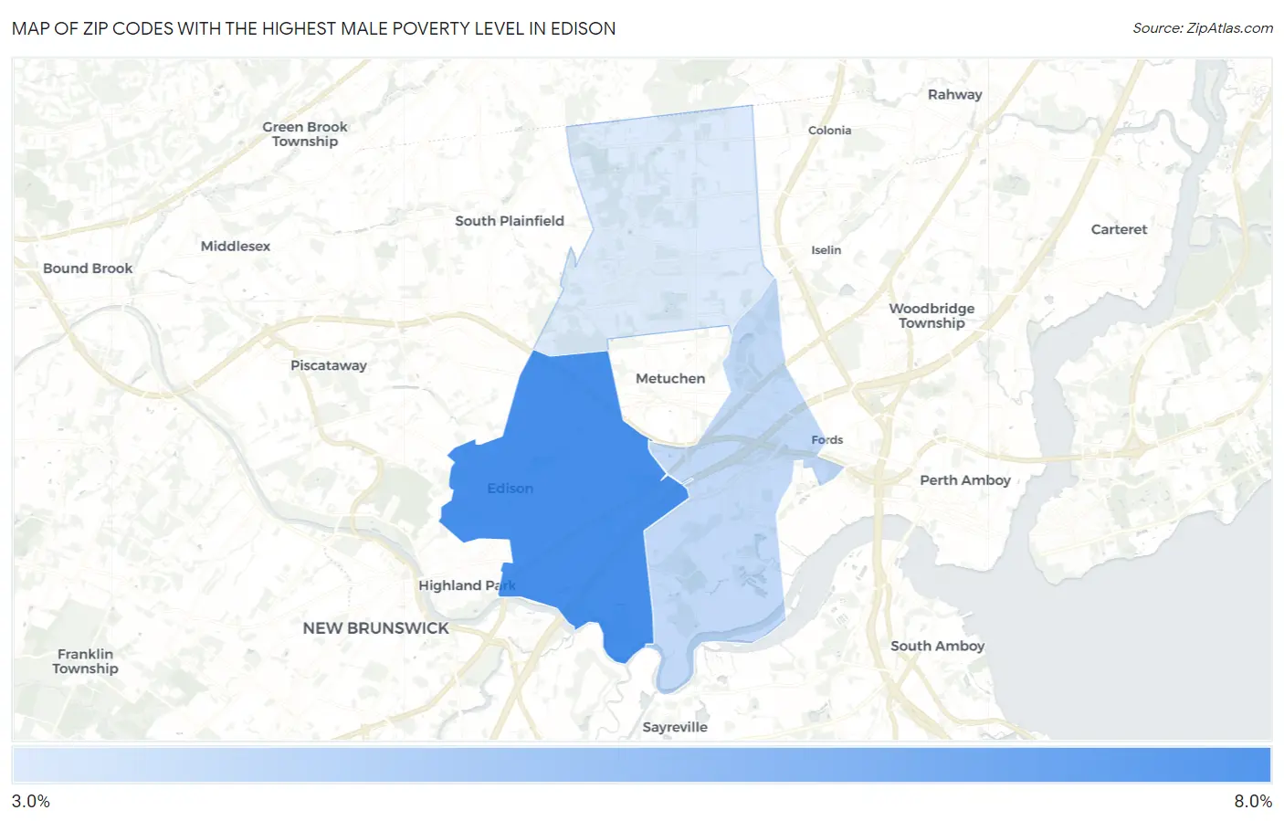 Zip Codes with the Highest Male Poverty Level in Edison Map