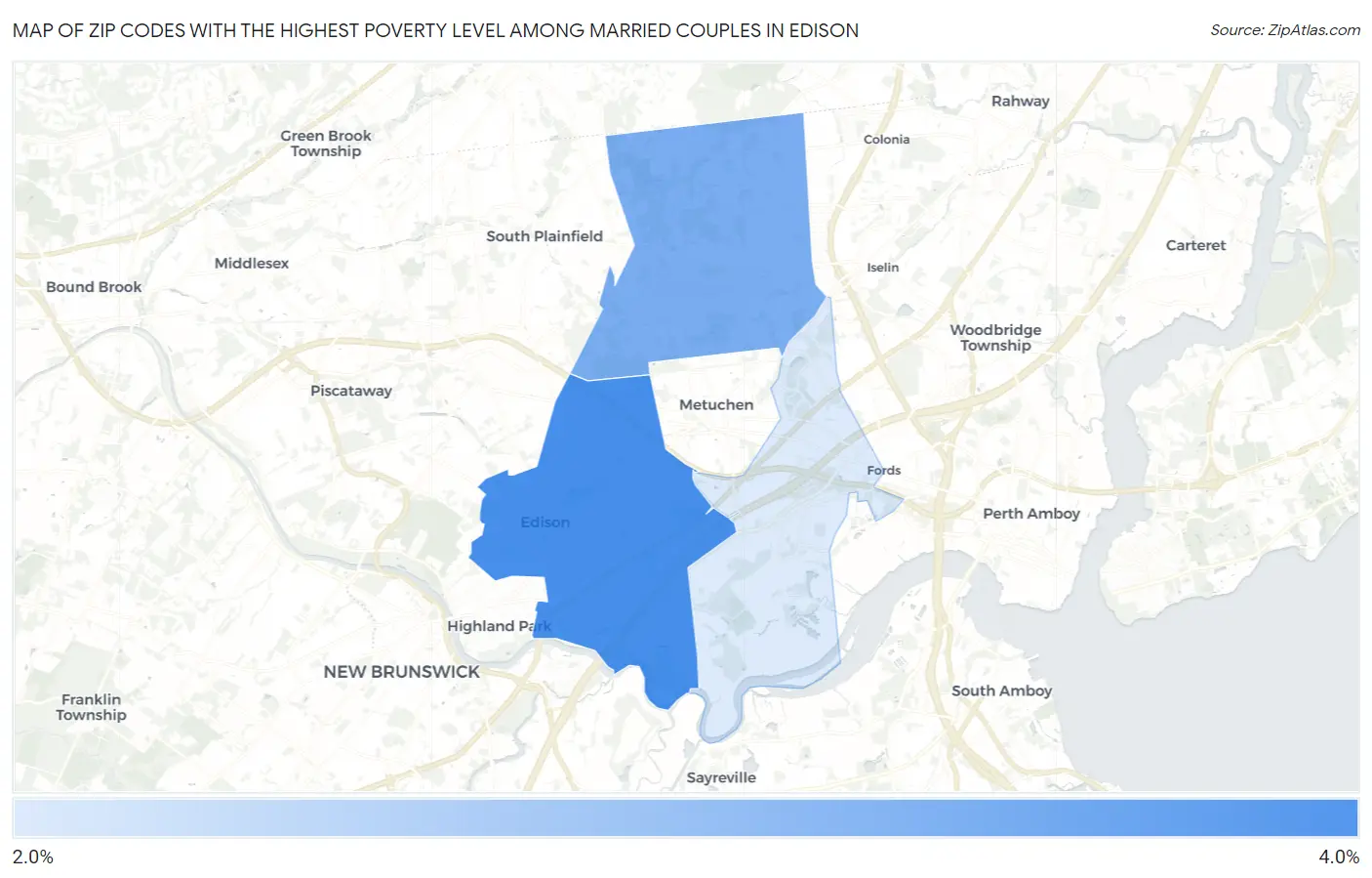 Zip Codes with the Highest Poverty Level Among Married Couples in Edison Map