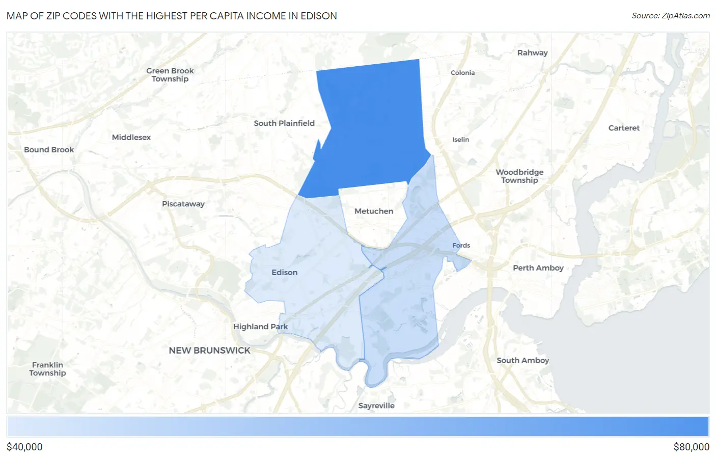 Zip Codes with the Highest Per Capita Income in Edison Map