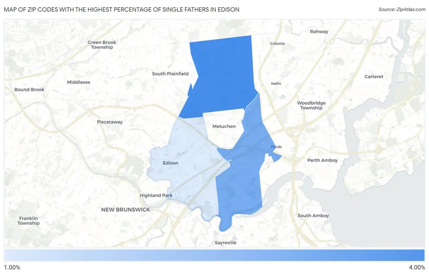 Zip Codes with the Highest Percentage of Single Fathers in Edison Map