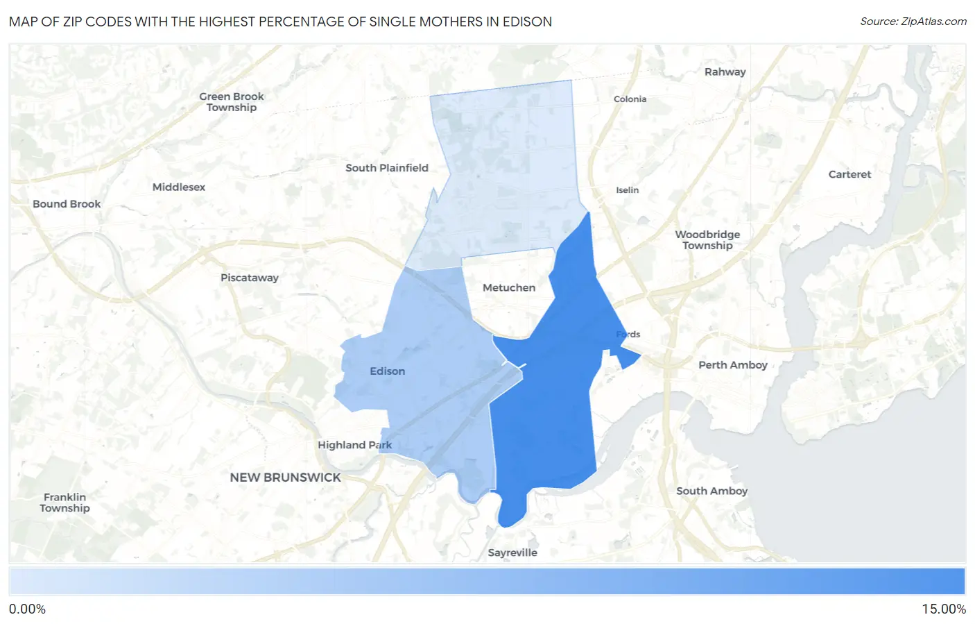 Zip Codes with the Highest Percentage of Single Mothers in Edison Map