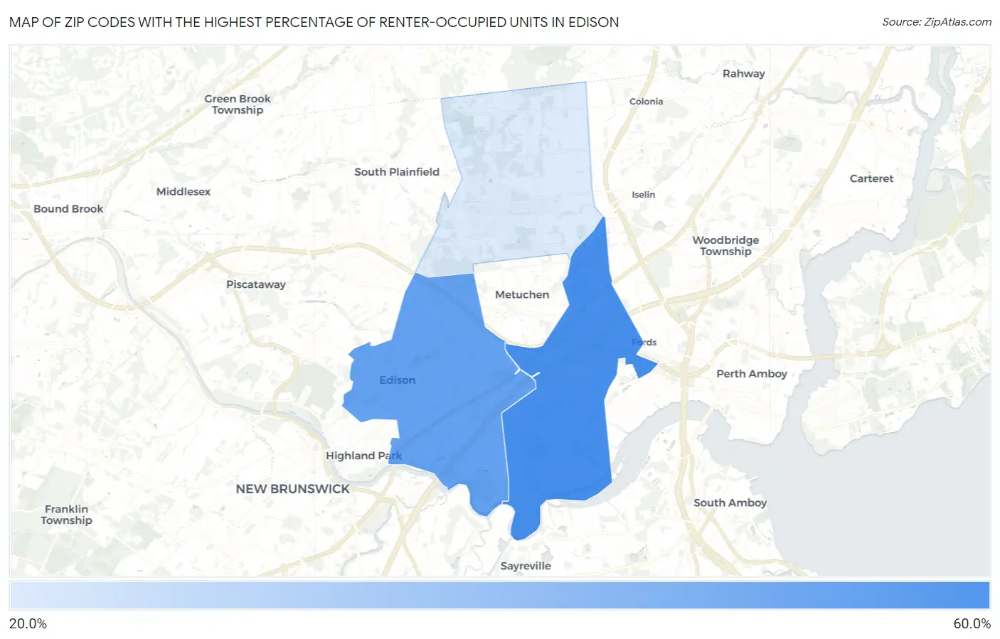 Zip Codes with the Highest Percentage of Renter-Occupied Units in Edison Map