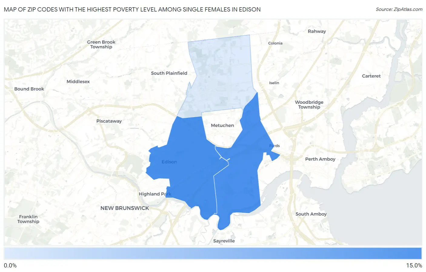 Zip Codes with the Highest Poverty Level Among Single Females in Edison Map