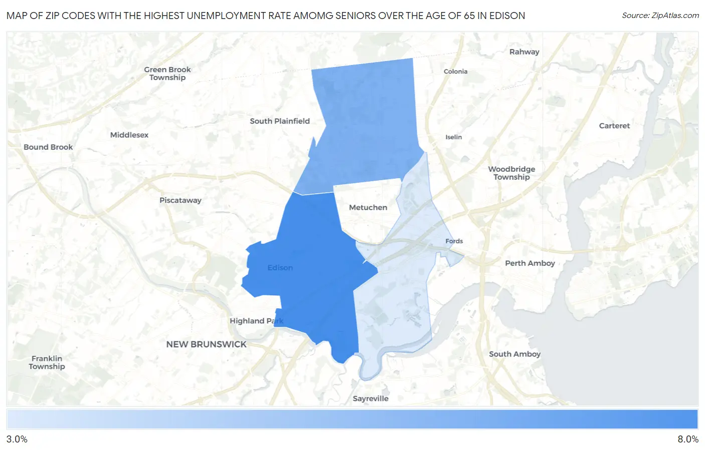 Zip Codes with the Highest Unemployment Rate Amomg Seniors Over the Age of 65 in Edison Map