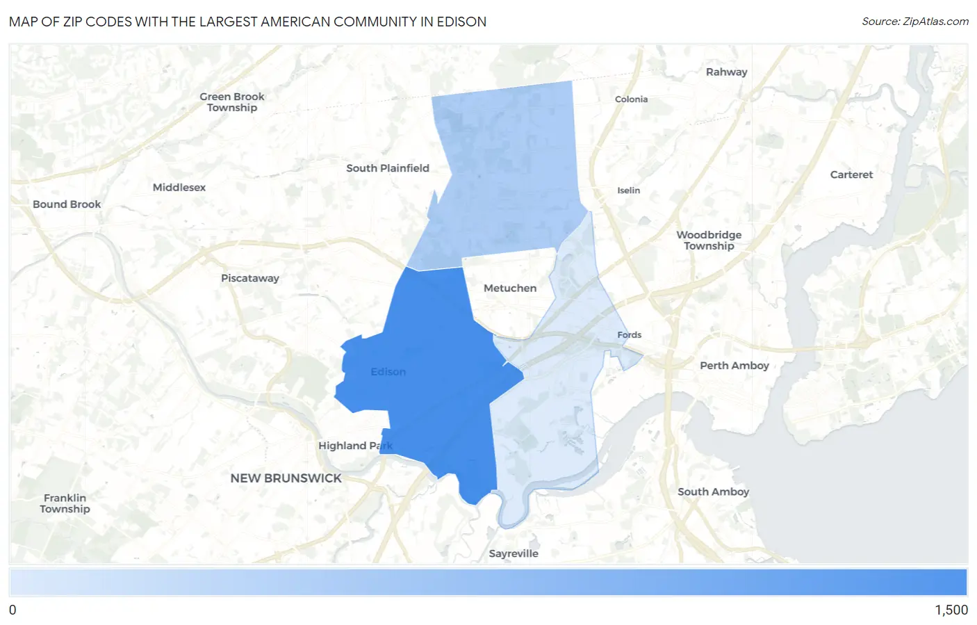Zip Codes with the Largest American Community in Edison Map