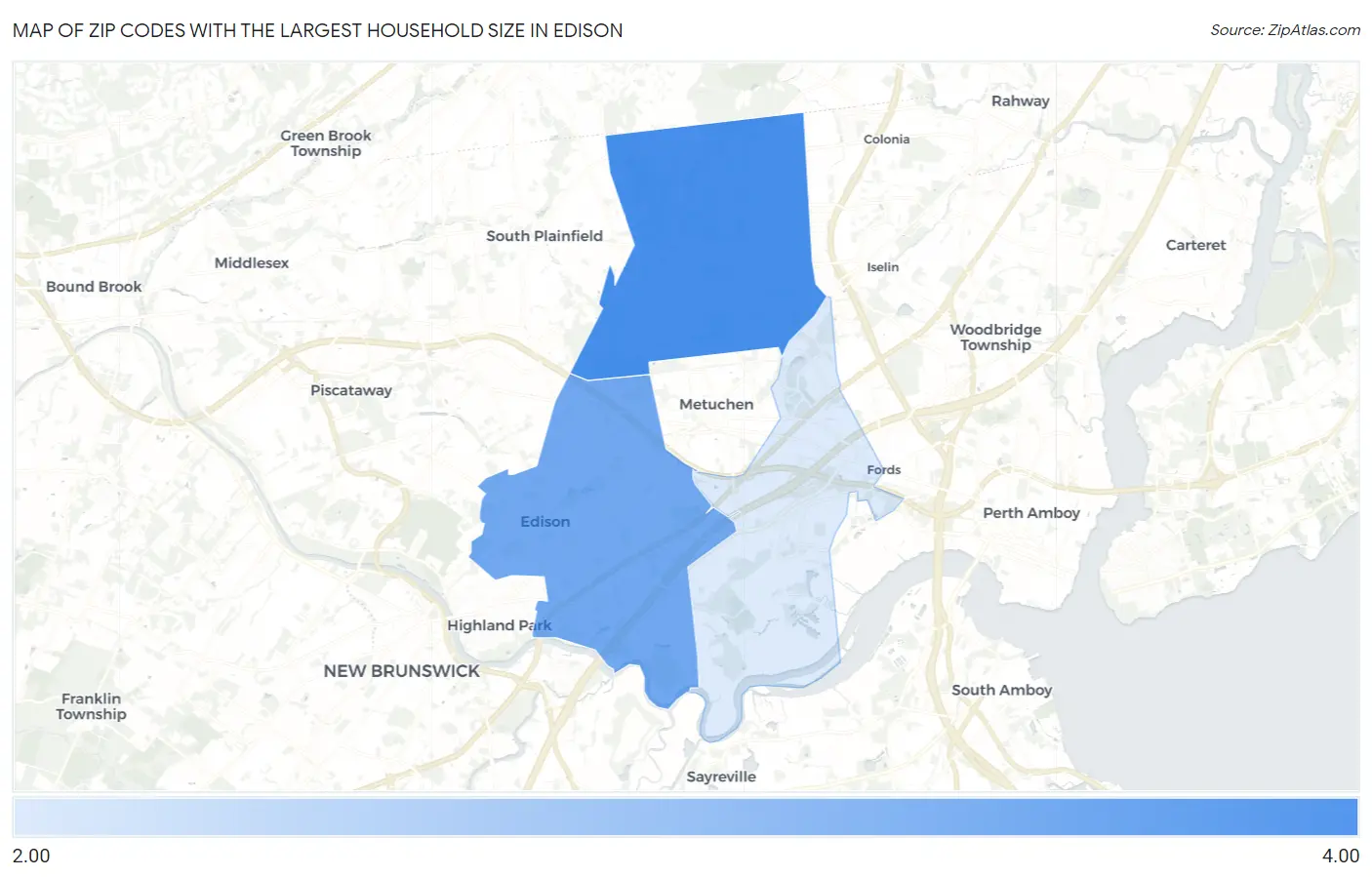 Zip Codes with the Largest Household Size in Edison Map