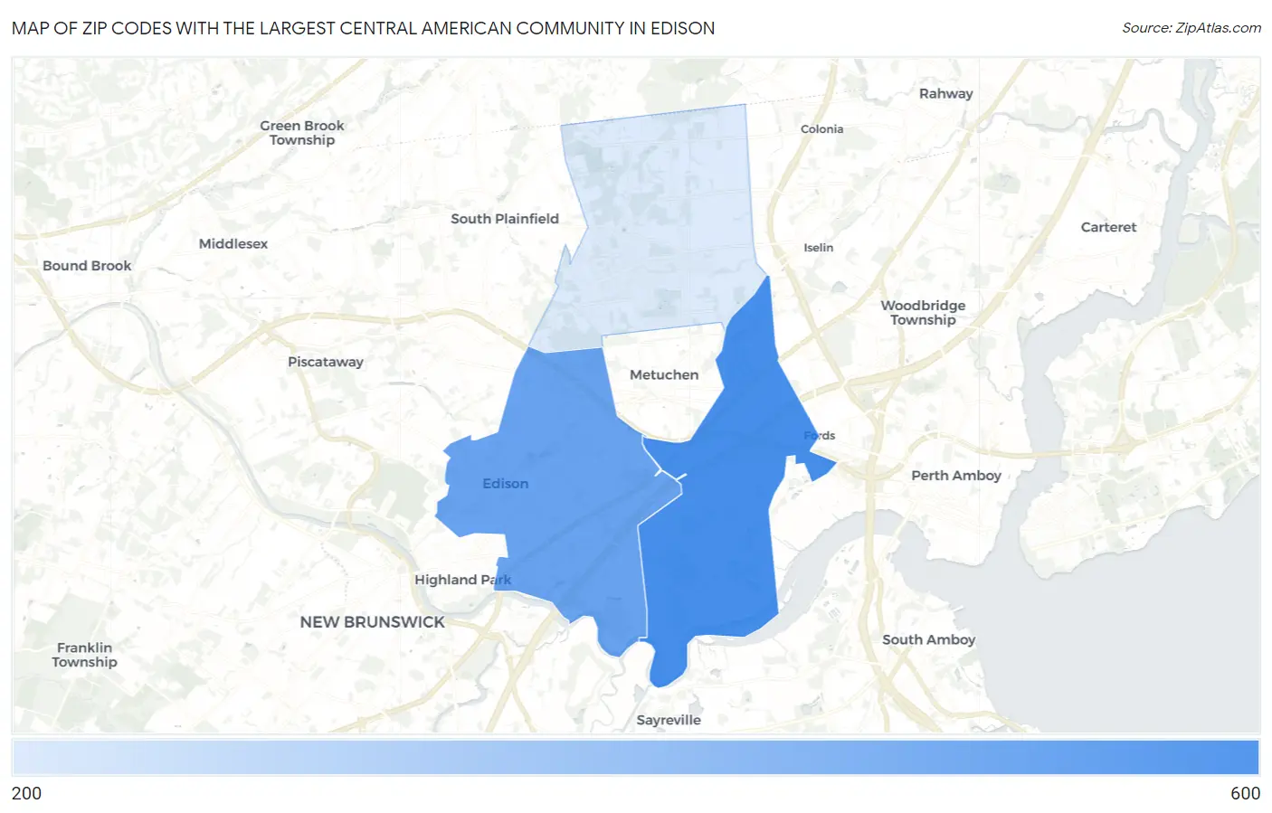 Zip Codes with the Largest Central American Community in Edison Map
