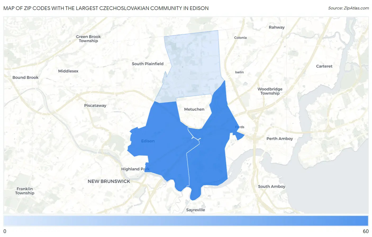 Zip Codes with the Largest Czechoslovakian Community in Edison Map
