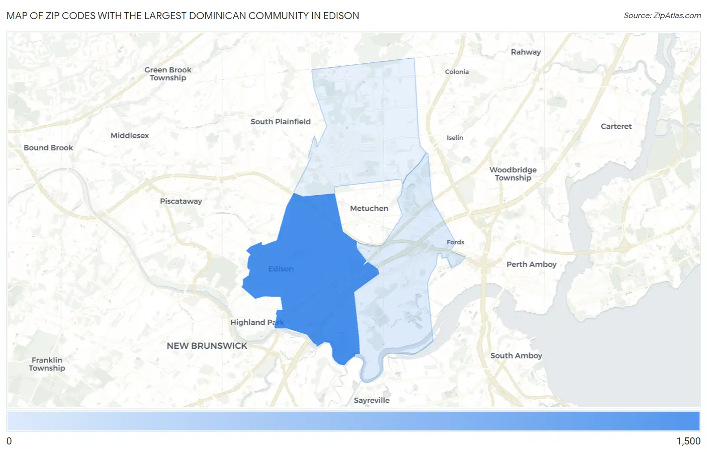 Zip Codes with the Largest Dominican Community in Edison Map