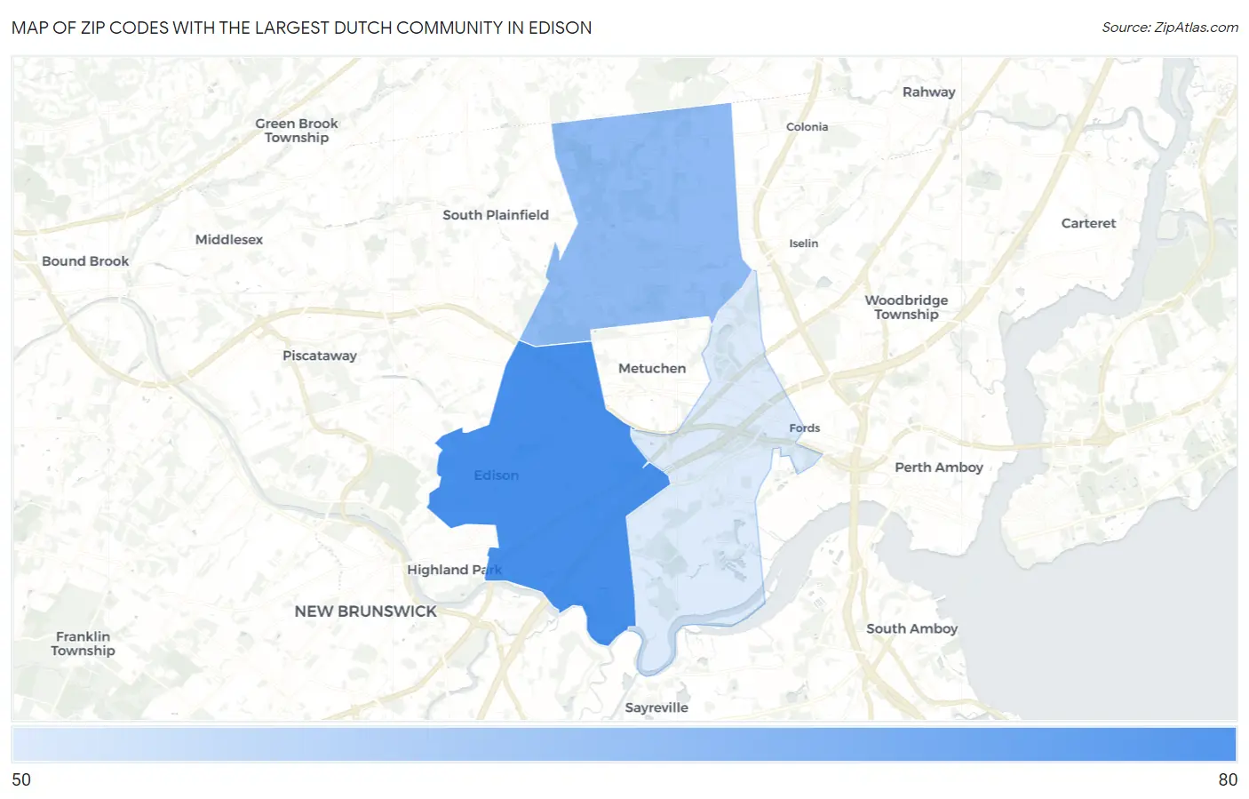 Zip Codes with the Largest Dutch Community in Edison Map