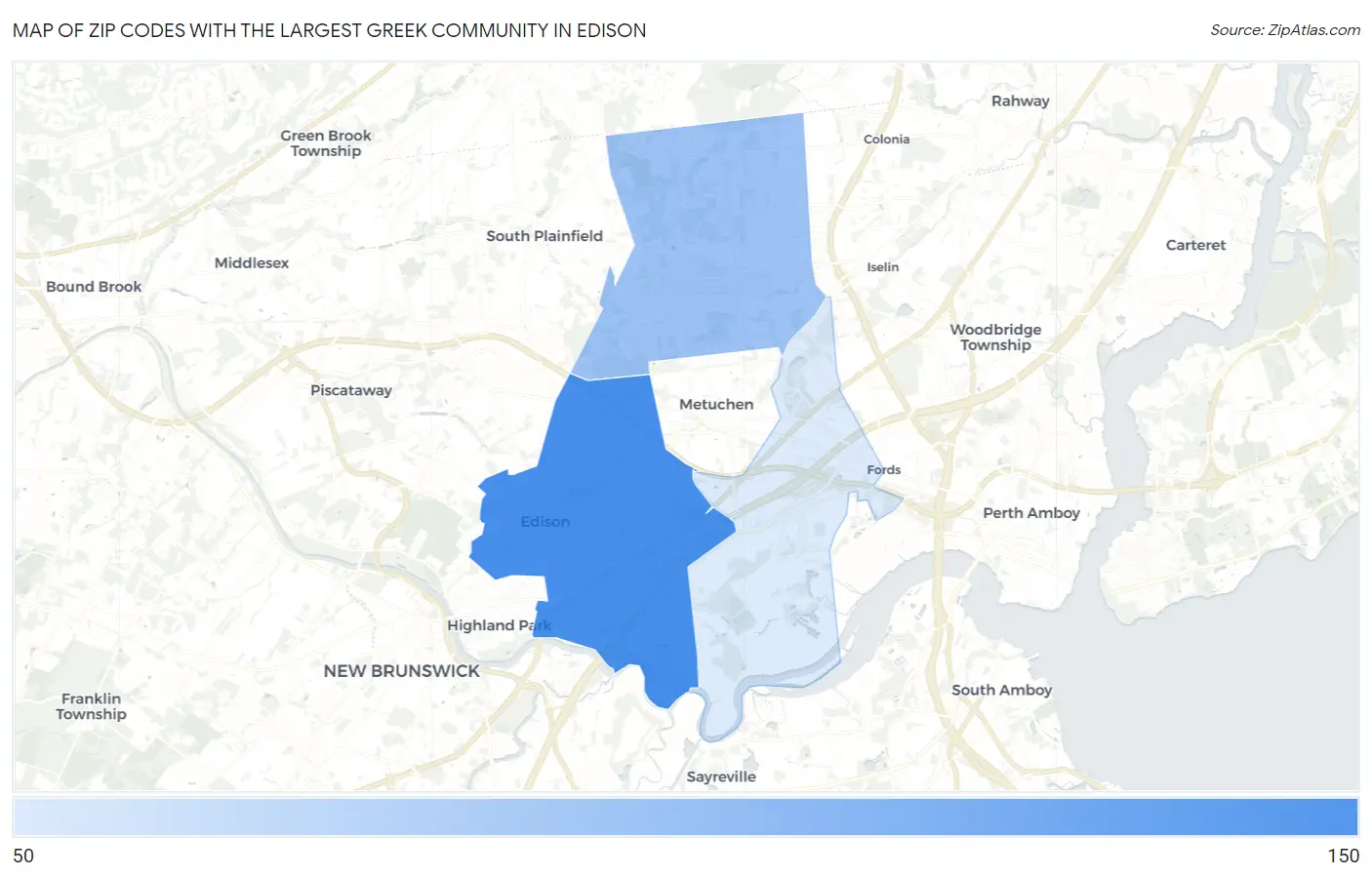 Zip Codes with the Largest Greek Community in Edison Map