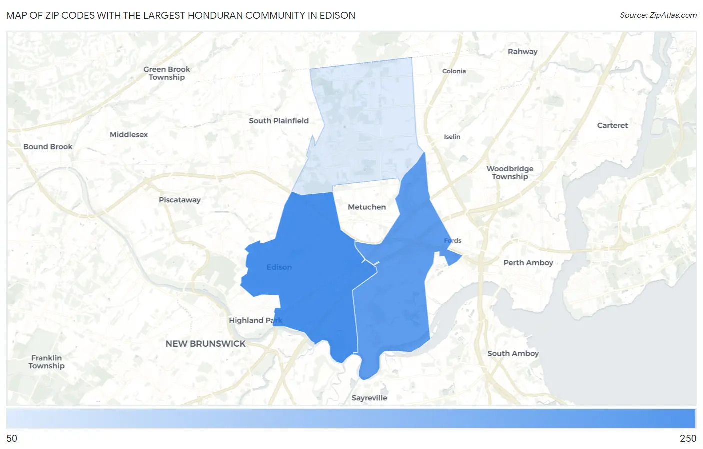 Zip Codes with the Largest Honduran Community in Edison Map