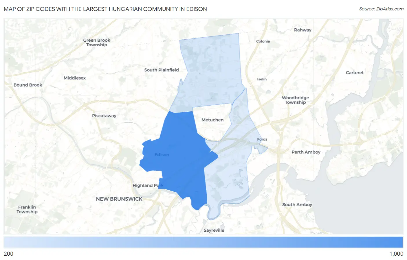 Zip Codes with the Largest Hungarian Community in Edison Map
