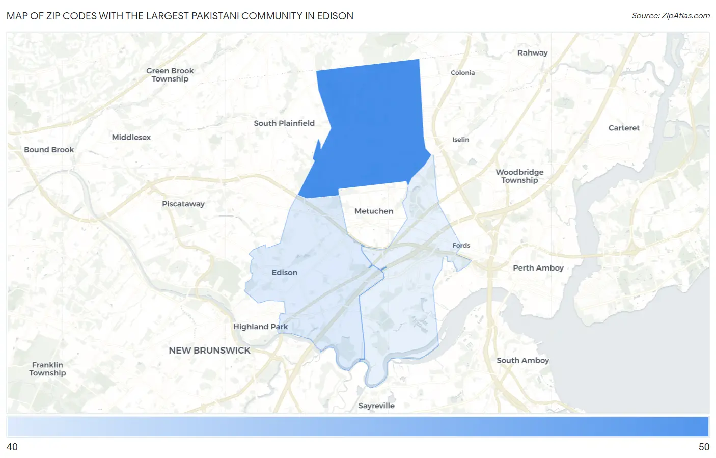 Zip Codes with the Largest Pakistani Community in Edison Map