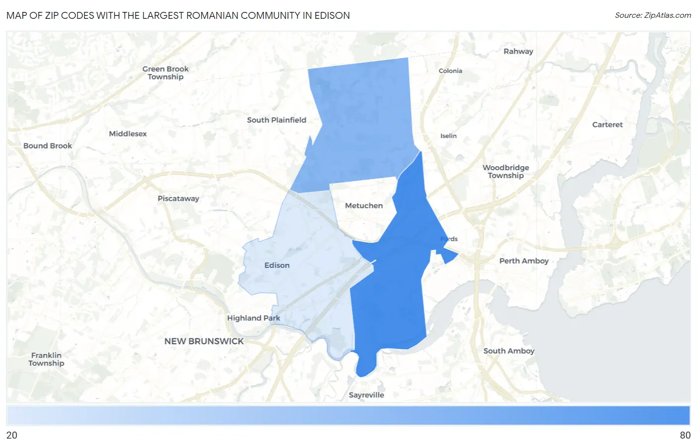 Zip Codes with the Largest Romanian Community in Edison Map