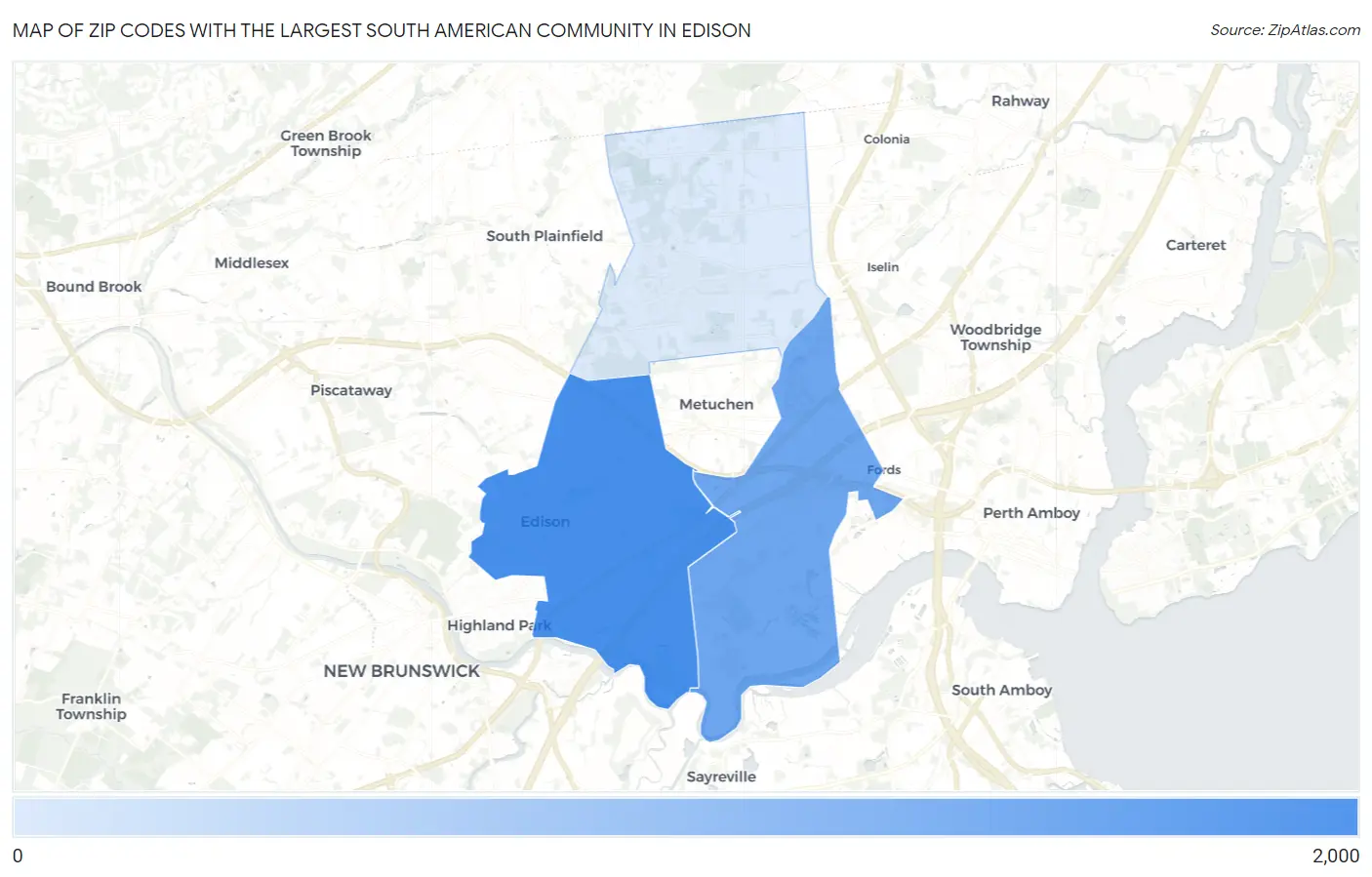 Zip Codes with the Largest South American Community in Edison Map