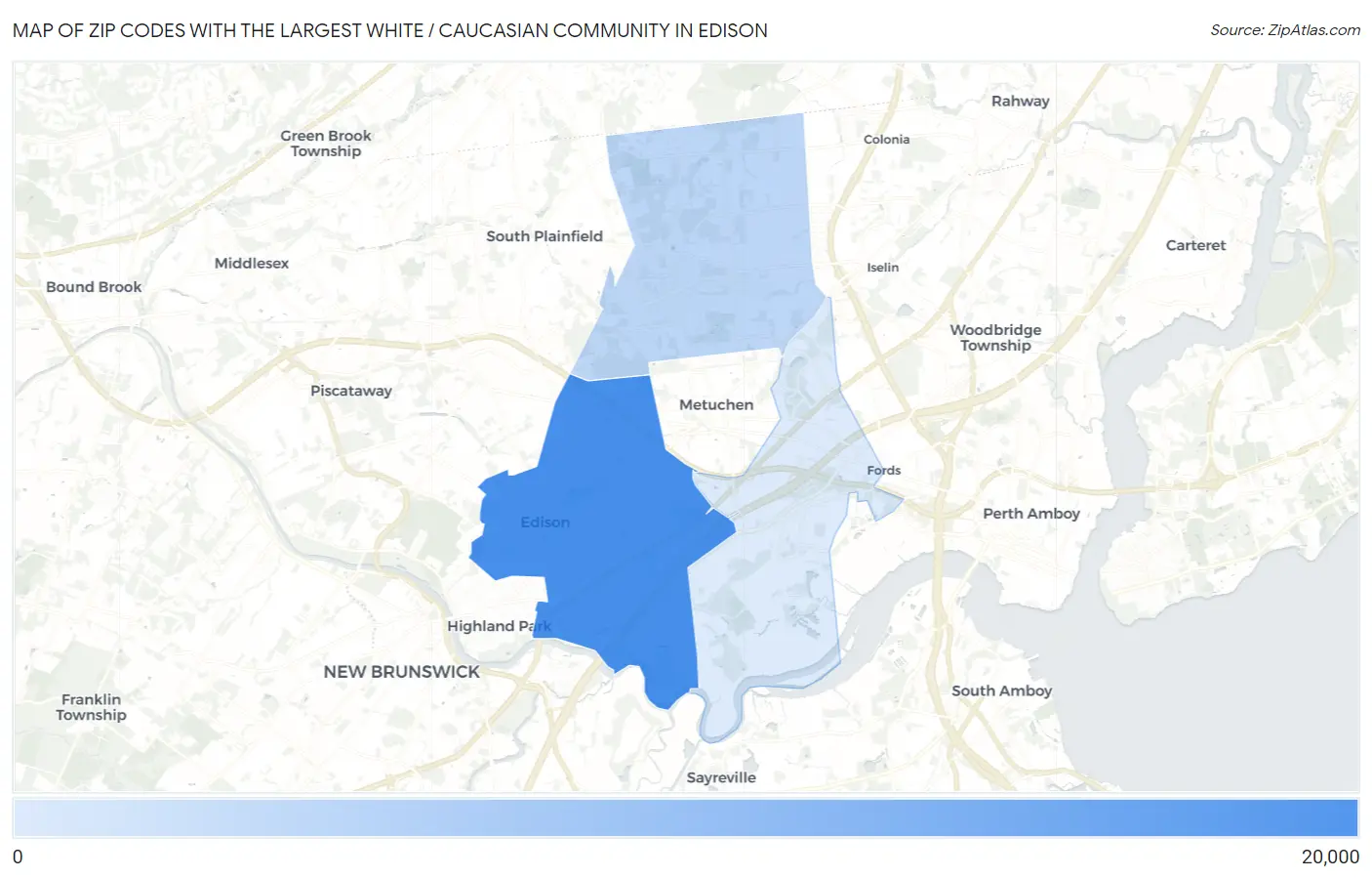 Zip Codes with the Largest White / Caucasian Community in Edison Map