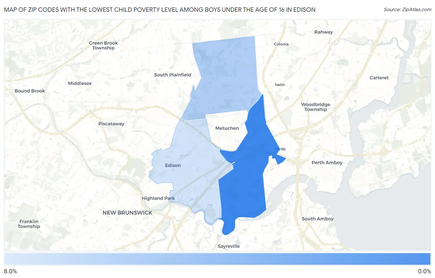 Zip Codes with the Lowest Child Poverty Level Among Boys Under the Age of 16 in Edison Map