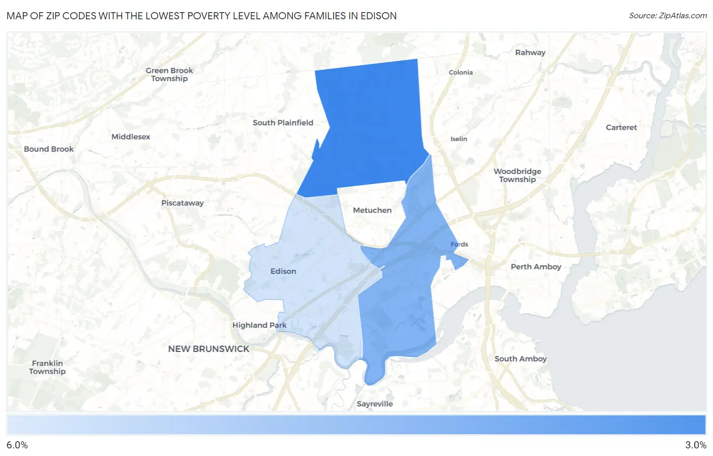Zip Codes with the Lowest Poverty Level Among Families in Edison Map