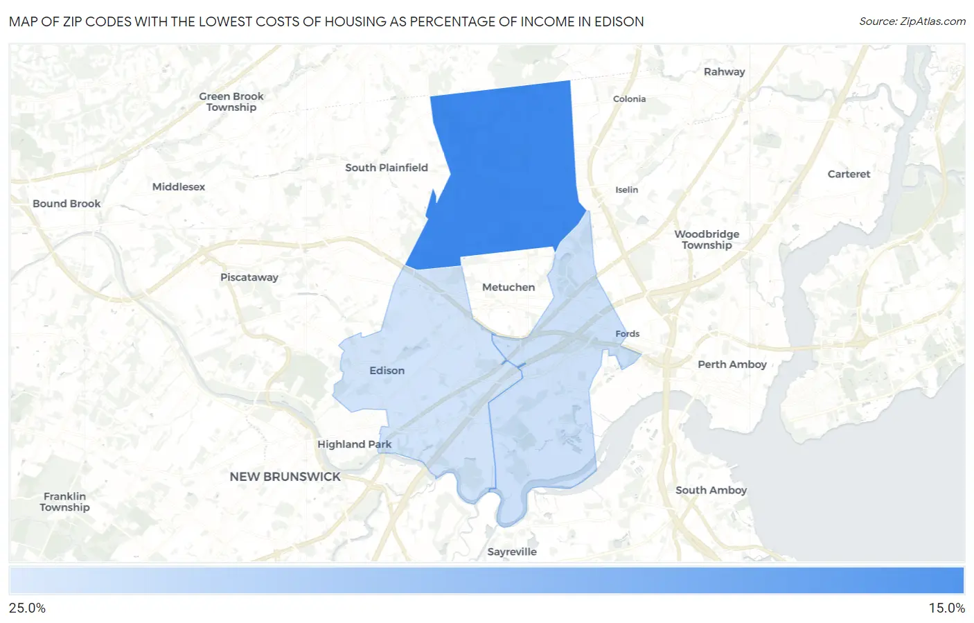 Zip Codes with the Lowest Costs of Housing as Percentage of Income in Edison Map