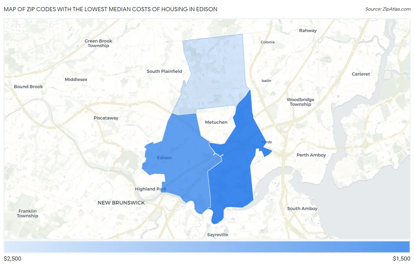 Zip Codes with the Lowest Median Costs of Housing in Edison Map