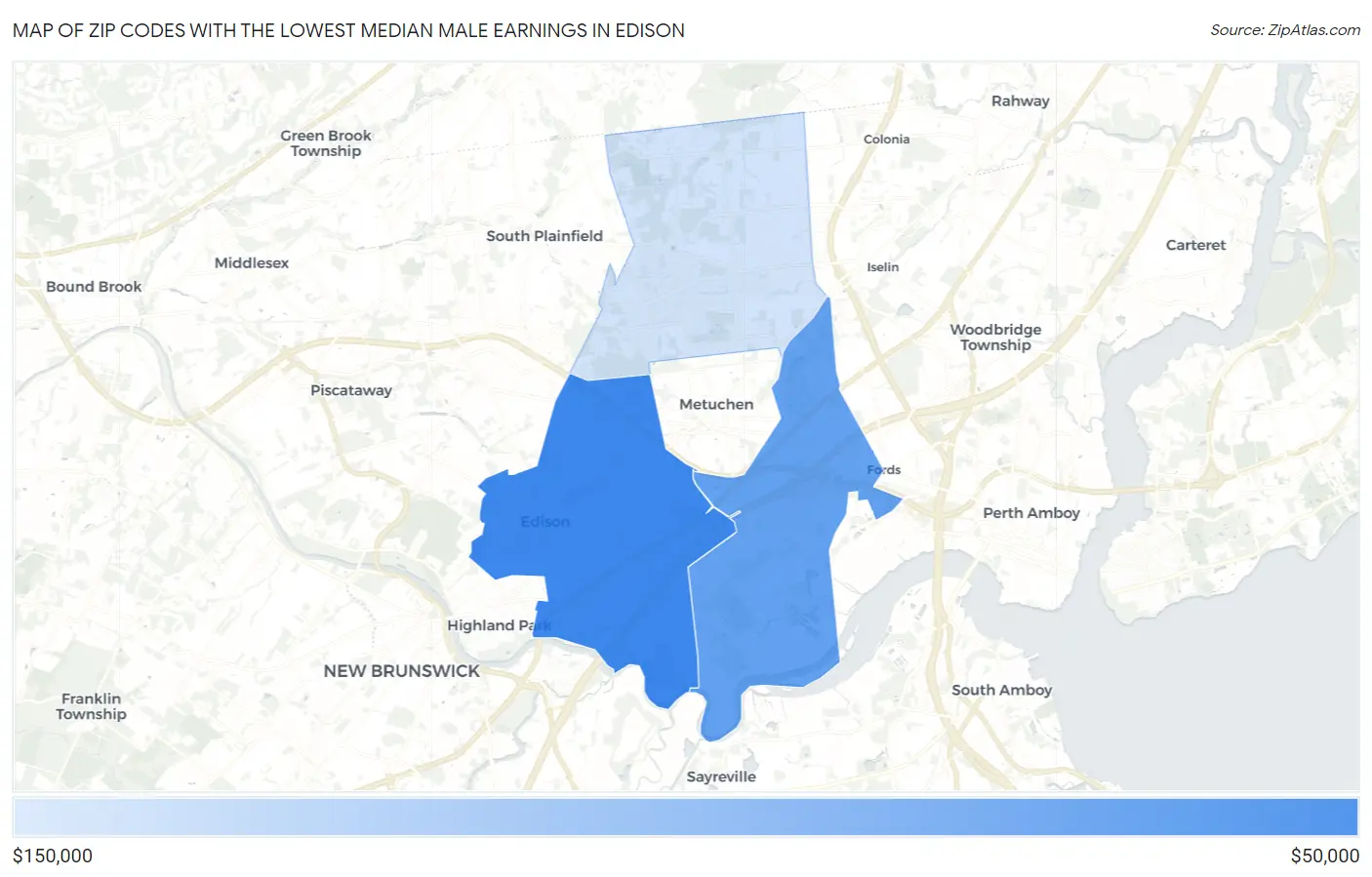 Zip Codes with the Lowest Median Male Earnings in Edison Map