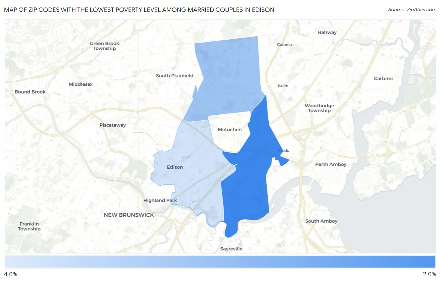 Zip Codes with the Lowest Poverty Level Among Married Couples in Edison Map