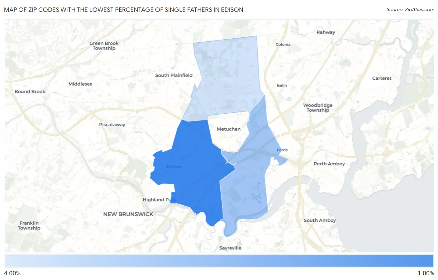 Zip Codes with the Lowest Percentage of Single Fathers in Edison Map