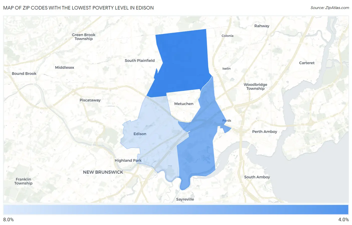 Zip Codes with the Lowest Poverty Level in Edison Map