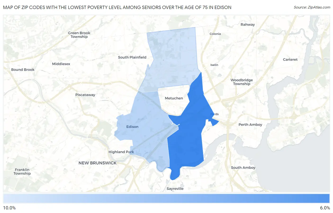 Zip Codes with the Lowest Poverty Level Among Seniors Over the Age of 75 in Edison Map