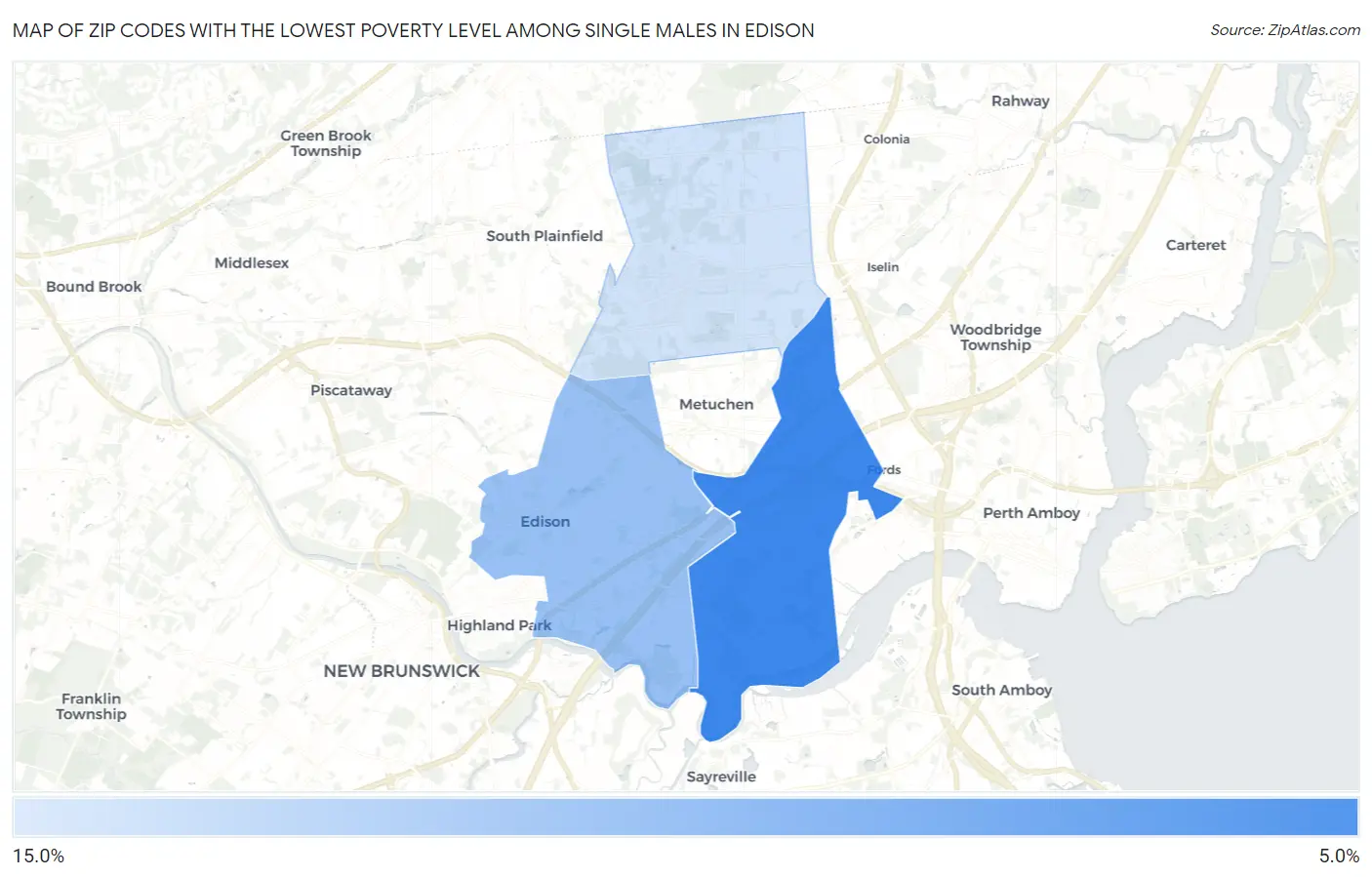 Zip Codes with the Lowest Poverty Level Among Single Males in Edison Map