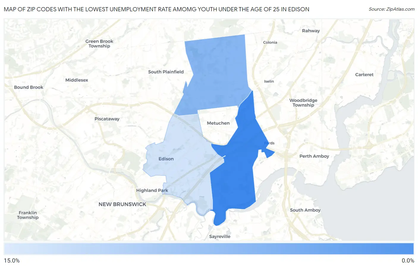 Zip Codes with the Lowest Unemployment Rate Amomg Youth Under the Age of 25 in Edison Map