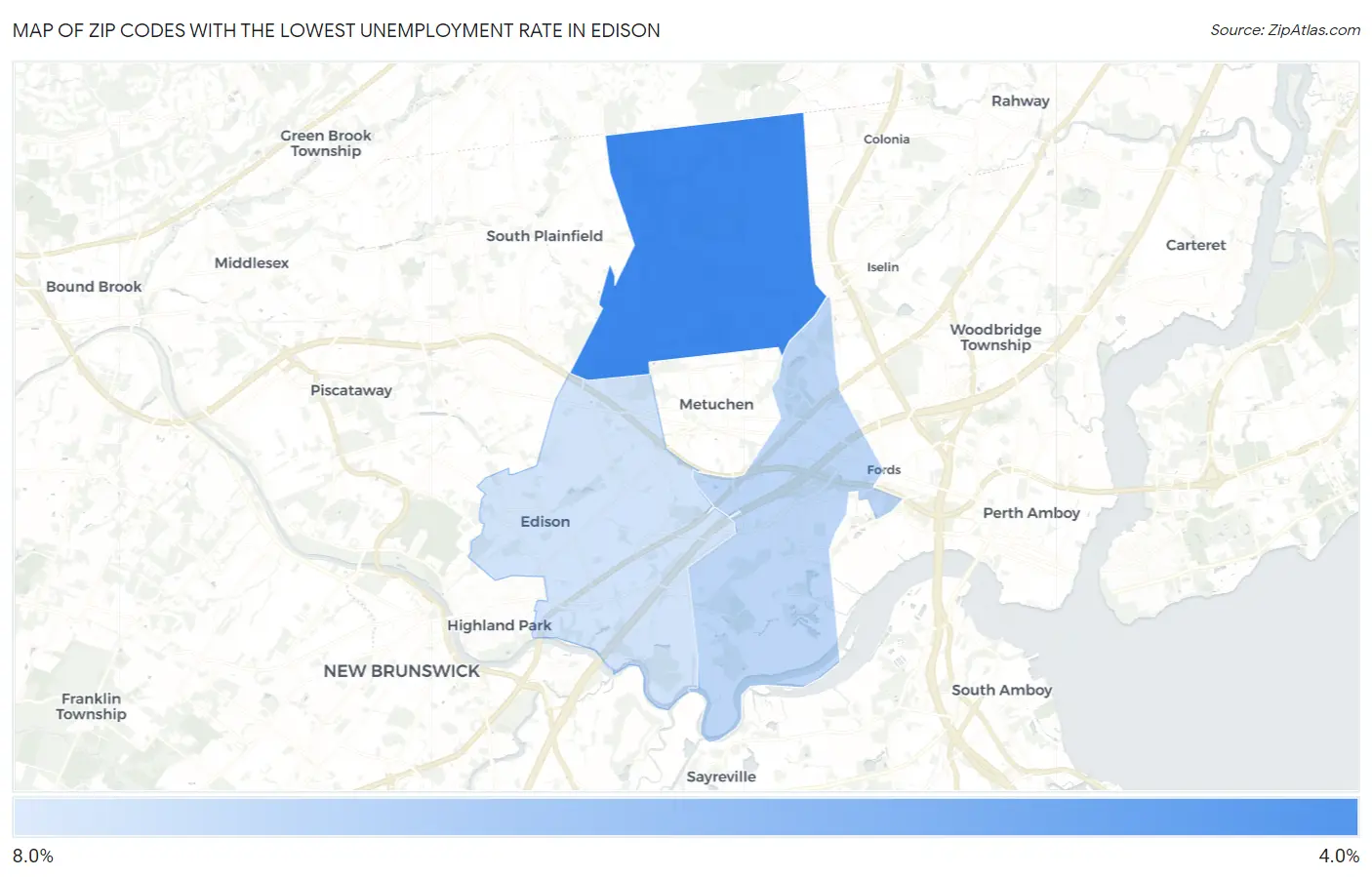 Zip Codes with the Lowest Unemployment Rate in Edison Map