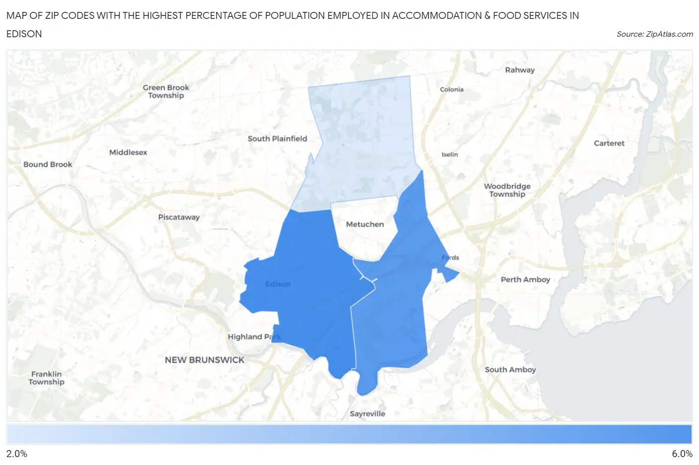 Zip Codes with the Highest Percentage of Population Employed in Accommodation & Food Services in Edison Map