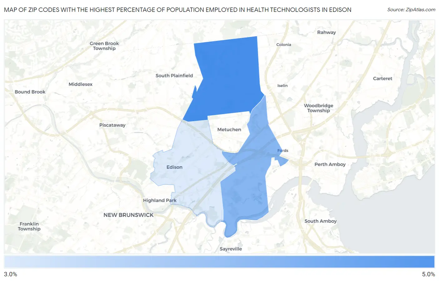 Zip Codes with the Highest Percentage of Population Employed in Health Technologists in Edison Map