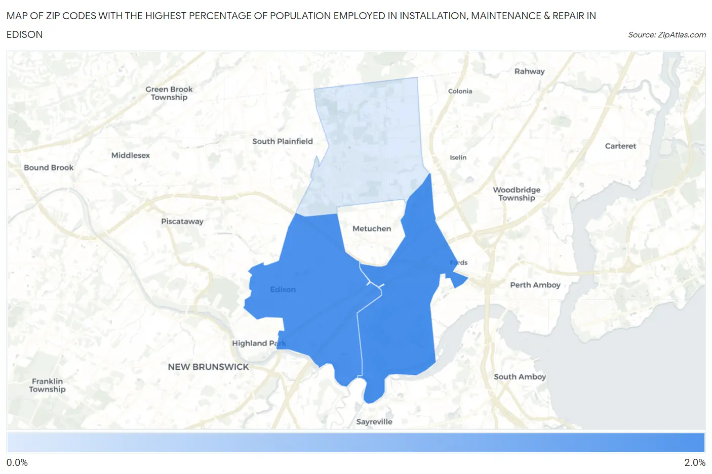 Zip Codes with the Highest Percentage of Population Employed in Installation, Maintenance & Repair in Edison Map