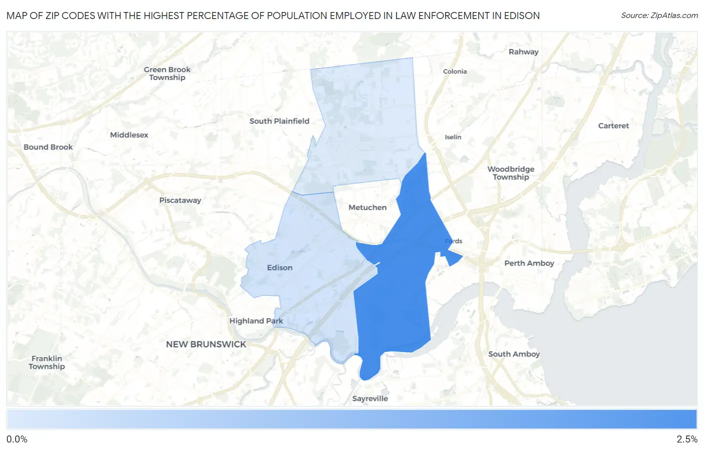 Zip Codes with the Highest Percentage of Population Employed in Law Enforcement in Edison Map