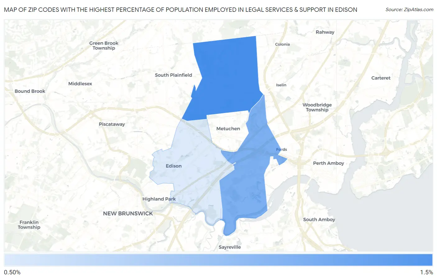 Zip Codes with the Highest Percentage of Population Employed in Legal Services & Support in Edison Map