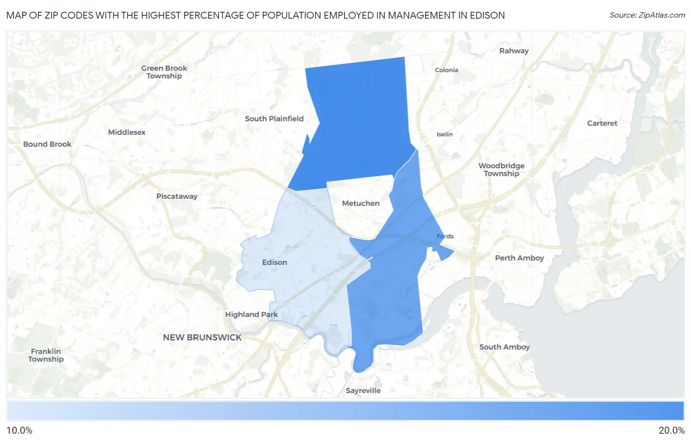 Zip Codes with the Highest Percentage of Population Employed in Management in Edison Map